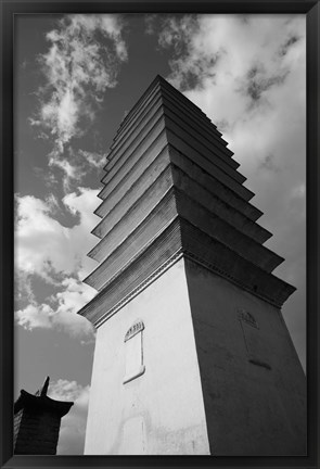 Framed Low angle view of Qianxun Pagoda, Three Pagodas, Old Tow, Dali, Yunnan Province, China (Black and White) Print