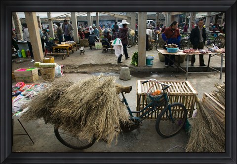Framed Traditional town market with grass on bicycle for making brooms, Xizhou, Erhai Hu Lake Area, Yunnan Province, China Print