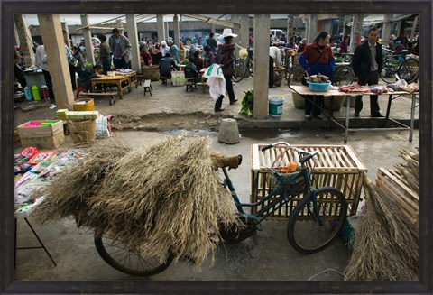 Framed Traditional town market with grass on bicycle for making brooms, Xizhou, Erhai Hu Lake Area, Yunnan Province, China Print