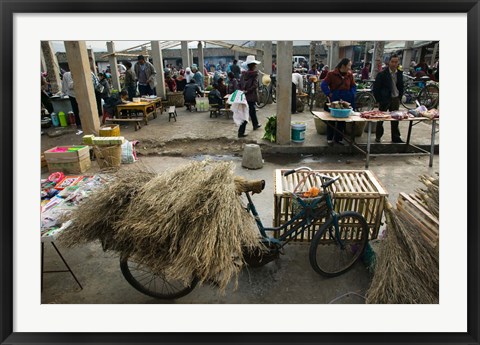 Framed Traditional town market with grass on bicycle for making brooms, Xizhou, Erhai Hu Lake Area, Yunnan Province, China Print