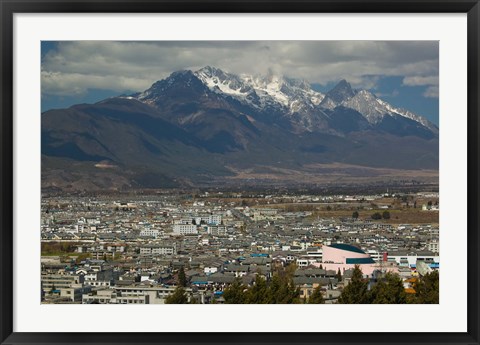 Framed High angle view of buildings in the new town towards Jade Dragon Snow Mountain, Lijiang, Yunnan Province, China Print
