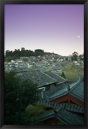 Framed High angle view of houses in the old town at dawn, Lijiang, Yunnan Province, China Print