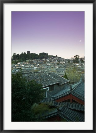 Framed High angle view of houses in the old town at dawn, Lijiang, Yunnan Province, China Print