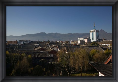 Framed High angle view of buildings in the new town viewed from Mu Family Mansion, Lijiang, Yunnan Province, China Print
