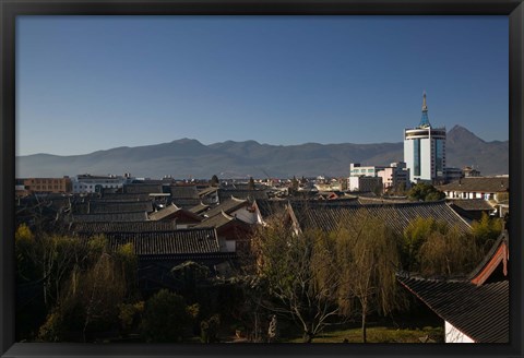 Framed High angle view of buildings in the new town viewed from Mu Family Mansion, Lijiang, Yunnan Province, China Print