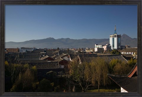 Framed High angle view of buildings in the new town viewed from Mu Family Mansion, Lijiang, Yunnan Province, China Print