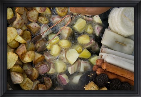 Framed Fried potatoes and snacks on the grill in a street market, Old Town, Lijiang, Yunnan Province, China Print