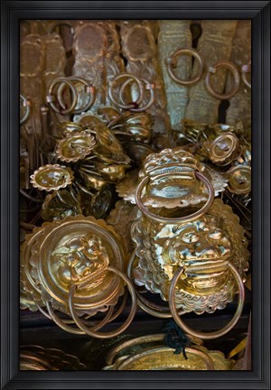 Framed Brass items for sale in a street market, Old Town, Lijiang, Yunnan Province, China Print