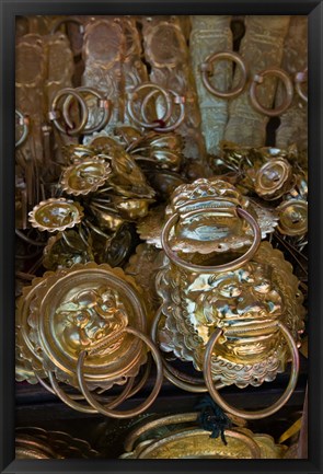 Framed Brass items for sale in a street market, Old Town, Lijiang, Yunnan Province, China Print