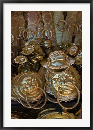 Framed Brass items for sale in a street market, Old Town, Lijiang, Yunnan Province, China Print