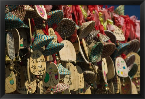 Framed Buddhist prayer wishes (Ema) hanging at a shrine on a tree, Old Town, Lijiang, Yunnan Province, China Print
