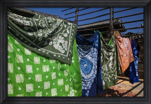 Framed Batik fabric souvenirs at a market stall, Baisha, Lijiang, Yunnan Province, China Print