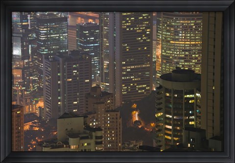 Framed High angle view of buildings lit up at dusk, Central District, Hong Kong Print