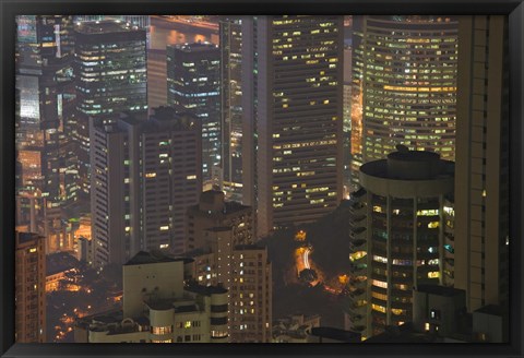 Framed High angle view of buildings lit up at dusk, Central District, Hong Kong Print