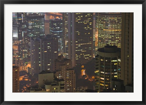 Framed High angle view of buildings lit up at dusk, Central District, Hong Kong Print