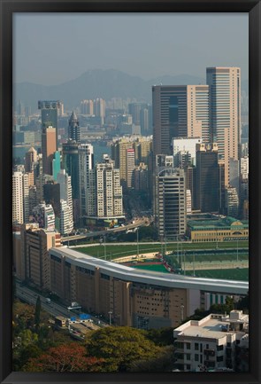 Framed High angle view of a horseracing track, Happy Valley Racecourse, Happy Valley, Wan Chai District, Hong Kong Print