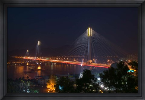 Framed Bridge lit up at night, Ting Kau Bridge, Rambler Channel, New Territories, Hong Kong Print