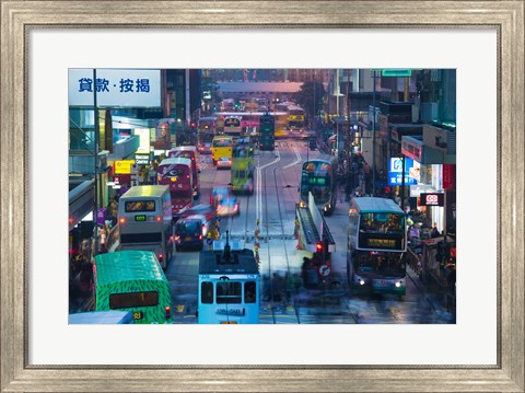 Framed Traffic on a street at night, Des Voeux Road Central, Central District, Hong Kong Island, Hong Kong Print