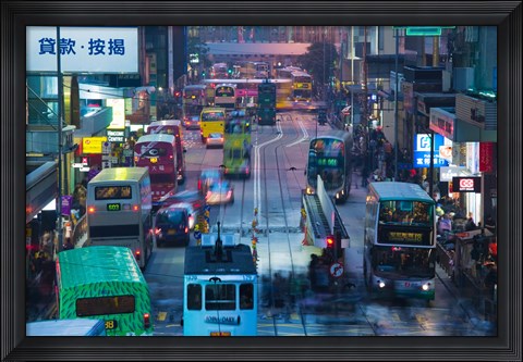 Framed Traffic on a street at night, Des Voeux Road Central, Central District, Hong Kong Island, Hong Kong Print