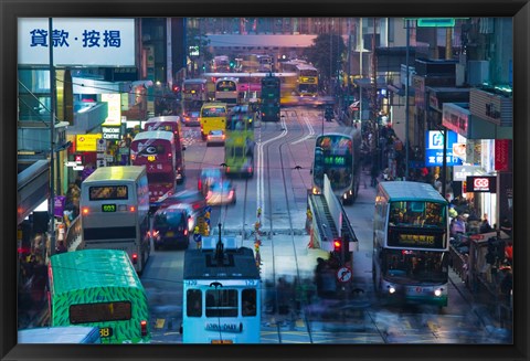 Framed Traffic on a street at night, Des Voeux Road Central, Central District, Hong Kong Island, Hong Kong Print