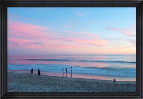 Framed Tourists on the beach at sunset, Santa Monica, California, USA Print