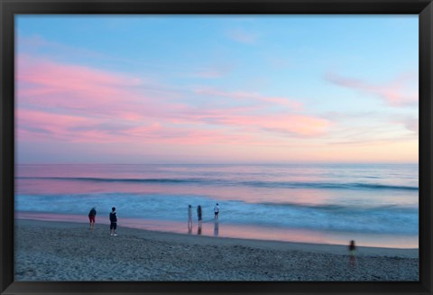 Framed Tourists on the beach at sunset, Santa Monica, California, USA Print