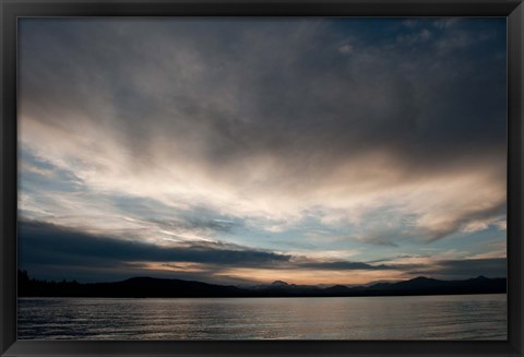 Framed Lake at sunset with mountains in the background, Mt Lassen, Lake Almanor, California, USA Print