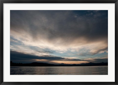 Framed Lake at sunset with mountains in the background, Mt Lassen, Lake Almanor, California, USA Print