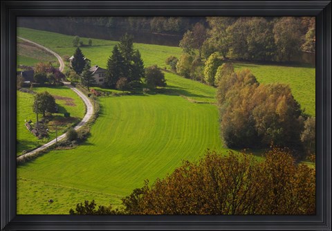 Framed Elevated view of Frahan village farmhouse from the town of Rochehaut, Semois, Ardennes, Belgium Print