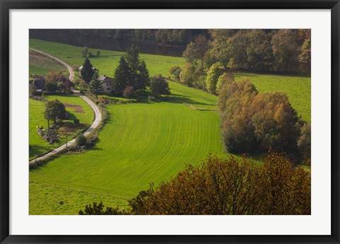 Framed Elevated view of Frahan village farmhouse from the town of Rochehaut, Semois, Ardennes, Belgium Print