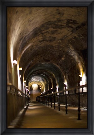 Framed Pommery Champagne Winery passageway to ancient Gallo-Roman quarries, Reims, Marne, Champagne-Ardenne, France Print