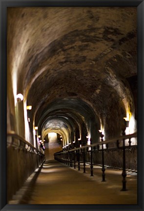 Framed Pommery Champagne Winery passageway to ancient Gallo-Roman quarries, Reims, Marne, Champagne-Ardenne, France Print