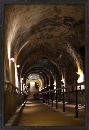 Framed Pommery Champagne Winery passageway to ancient Gallo-Roman quarries, Reims, Marne, Champagne-Ardenne, France Print