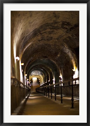 Framed Pommery Champagne Winery passageway to ancient Gallo-Roman quarries, Reims, Marne, Champagne-Ardenne, France Print