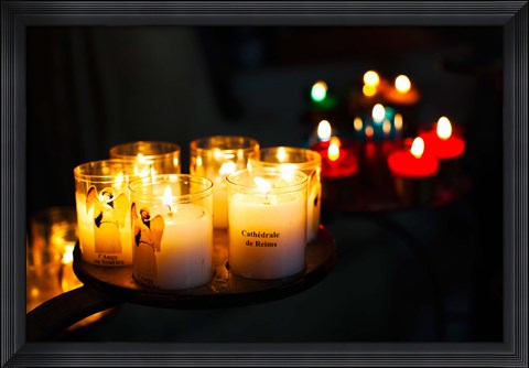 Framed Votive candles in a cathedral, Reims Cathedral, Reims, Marne, Champagne-Ardenne, France Print