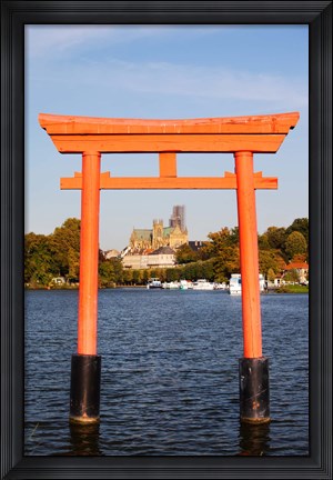 Framed Saint-Etienne Cathedral viewed through from Japanese Gate, Moselle River, Metz, Lorraine, Moselle, France Print