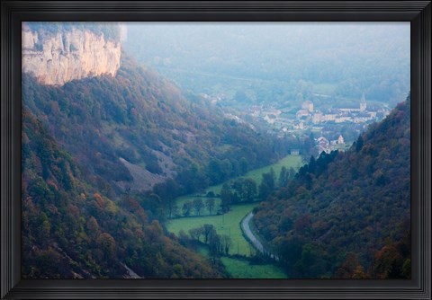 Framed Elevated view of a village at morning, Baume-les-Messieurs, Les Reculees, Jura, Franche-Comte, France Print