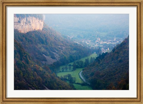 Framed Elevated view of a village at morning, Baume-les-Messieurs, Les Reculees, Jura, Franche-Comte, France Print