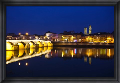 Framed Bridge lit up at night, Pont St-Laurent Bridge, Macon, Burgundy, Saone-et-Loire, France Print