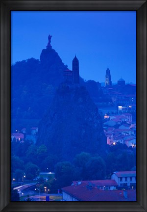 Framed Rocher Corneille with Saint Michel d&#39;Aiguilhe and Cathedral of Notre Dame Le Puy, Le Puy-en-Velay, Haute-Loire, Auvergne, France Print