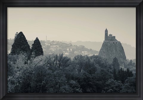 Framed Saint Michel d&#39;Aiguilhe Chapel at Dawn, Aiguilhe, Le Puy-en-Velay, Haute-Loire, Auvergne, France (black and white) Print
