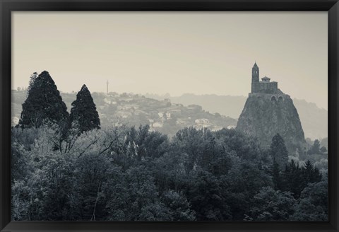 Framed Saint Michel d&#39;Aiguilhe Chapel at Dawn, Aiguilhe, Le Puy-en-Velay, Haute-Loire, Auvergne, France (black and white) Print