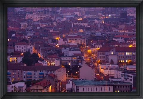Framed Aerial view of building lit up at dusk viewed from Parc de Montjuzet, Clermont-Ferrand, Auvergne, Puy-de-Dome, France Print