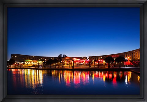 Framed Restaurants by the Esplanade de l&#39;Europe at dusk, Montpellier, Herault, Languedoc-Roussillon, France Print