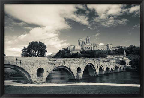 Framed Pont Vieux bridge with Cathedrale Saint-Nazaire in the background, Beziers, Herault, Languedoc-Roussillon, France Print