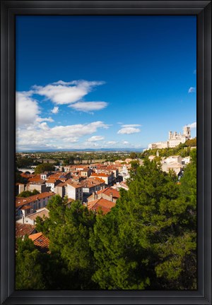 Framed Elevated view of a town with Cathedrale Saint-Nazaire in the background, Beziers, Herault, Languedoc-Roussillon, France Print