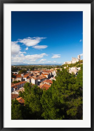 Framed Elevated view of a town with Cathedrale Saint-Nazaire in the background, Beziers, Herault, Languedoc-Roussillon, France Print