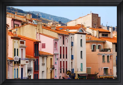 Framed Low angle view of buildings in a town, Collioure, Vermillion Coast, Pyrennes-Orientales, Languedoc-Roussillon, France Print