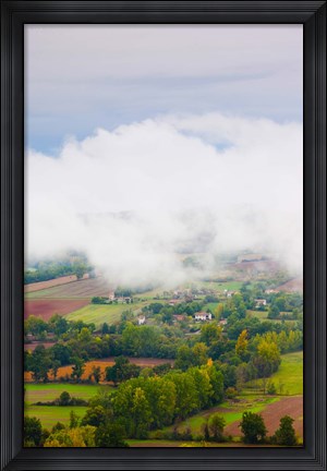 Framed Elevated view of the Cerou Valley from Place de la Bride in fog, Cordes-sur-Ciel, Tarn, Midi-Pyrenees, France Print