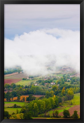 Framed Elevated view of the Cerou Valley from Place de la Bride in fog, Cordes-sur-Ciel, Tarn, Midi-Pyrenees, France Print